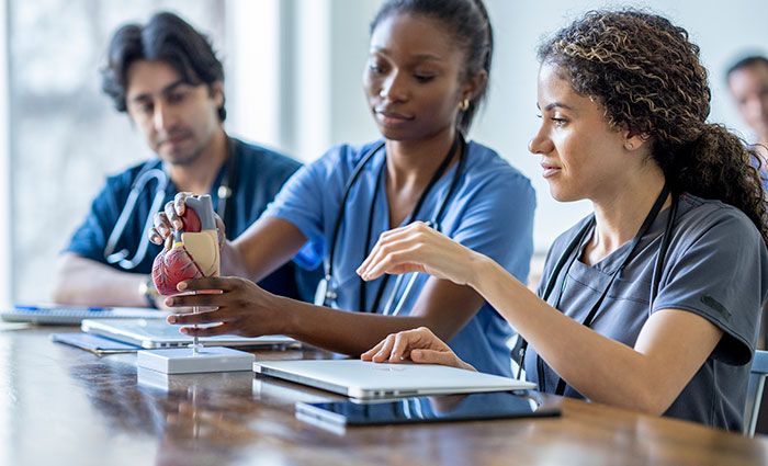 A small group of three medical students sit at a desk together with a model of the heart out in front of them.